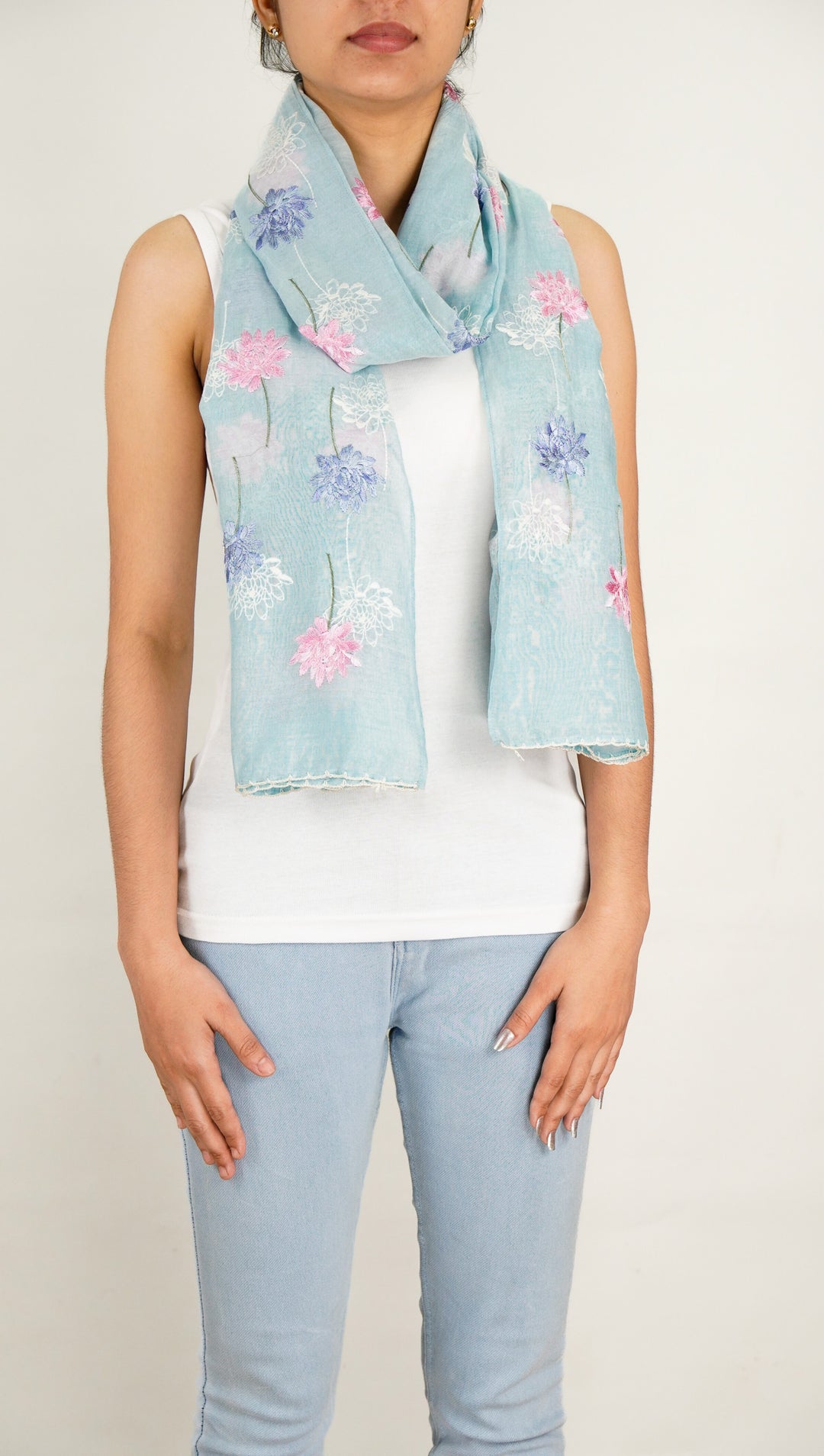 Sarah Embroidered Stole on Sky Blue Cotton Silk