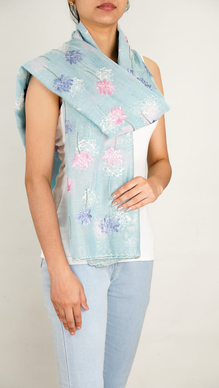 Sarah Embroidered Stole on Sky Blue Cotton Silk