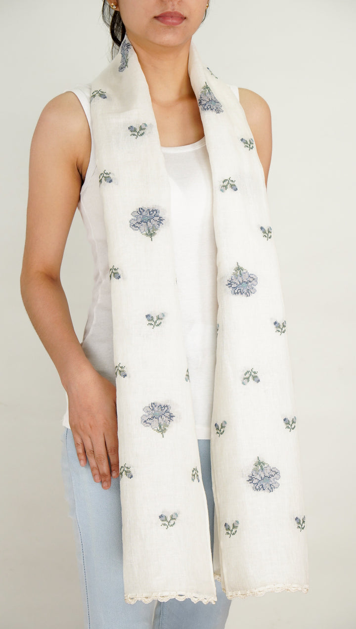 Anna Embroidered Stole on Off White Gauged Linen