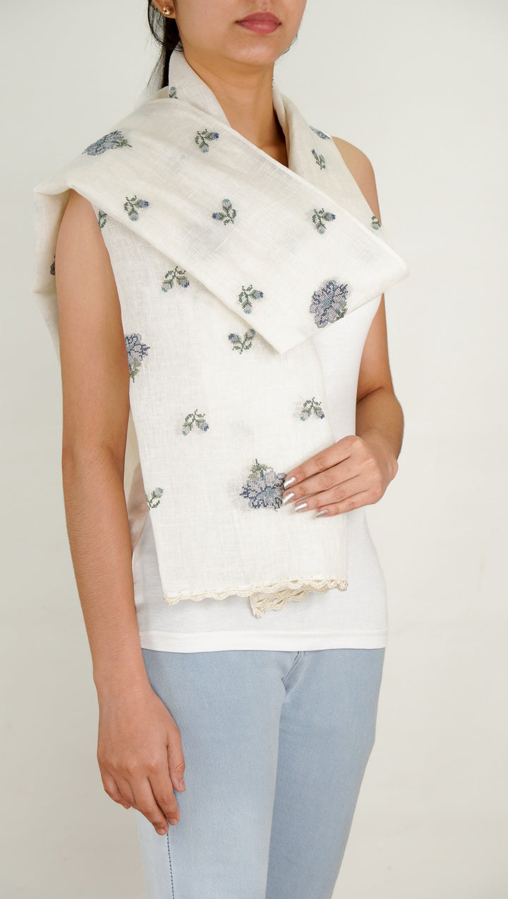 Anna Embroidered Stole on Off White Gauged Linen