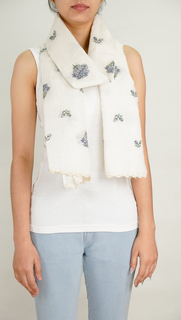 Anna Embroidered Stole on Off White Gauged Linen