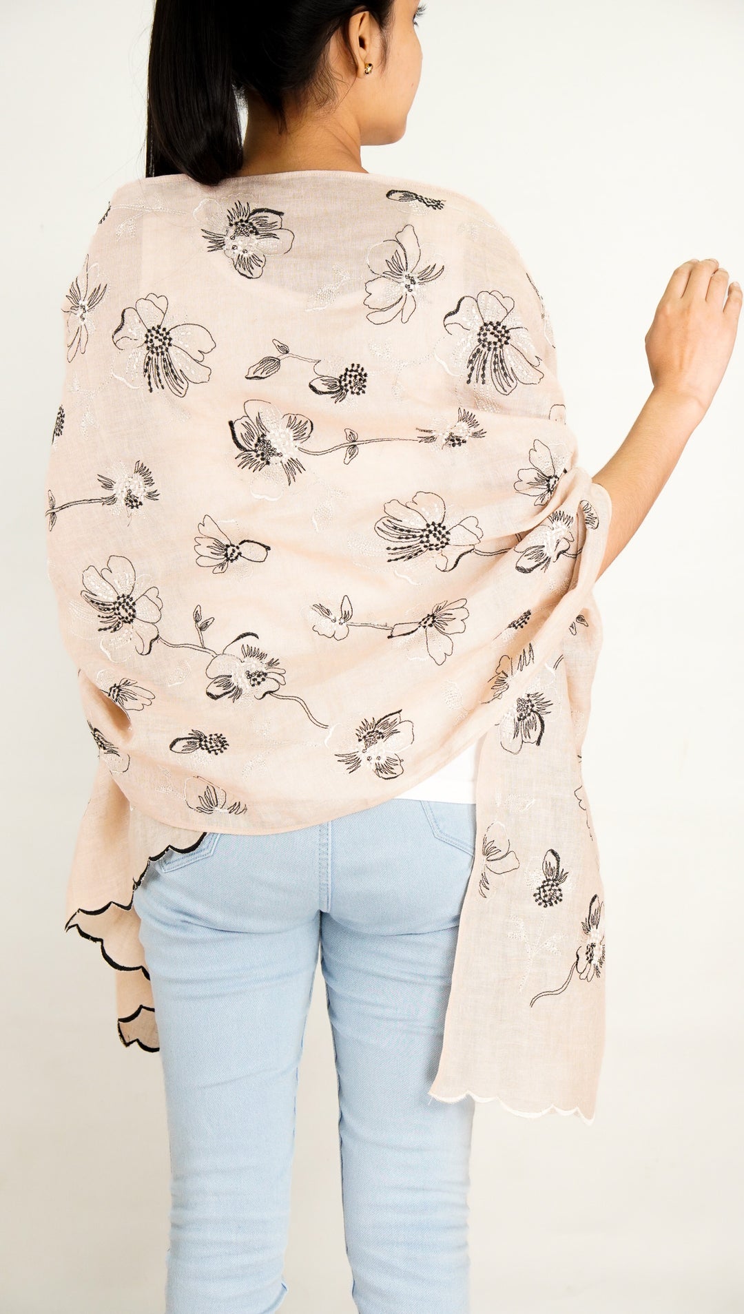 Zinha Embroidered Stole on Almond Gauged Linen