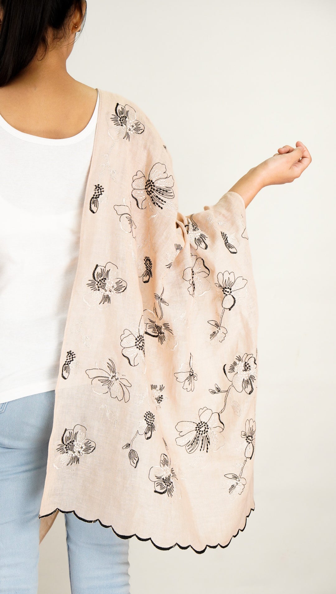 Zinha Embroidered Stole on Almond Gauged Linen