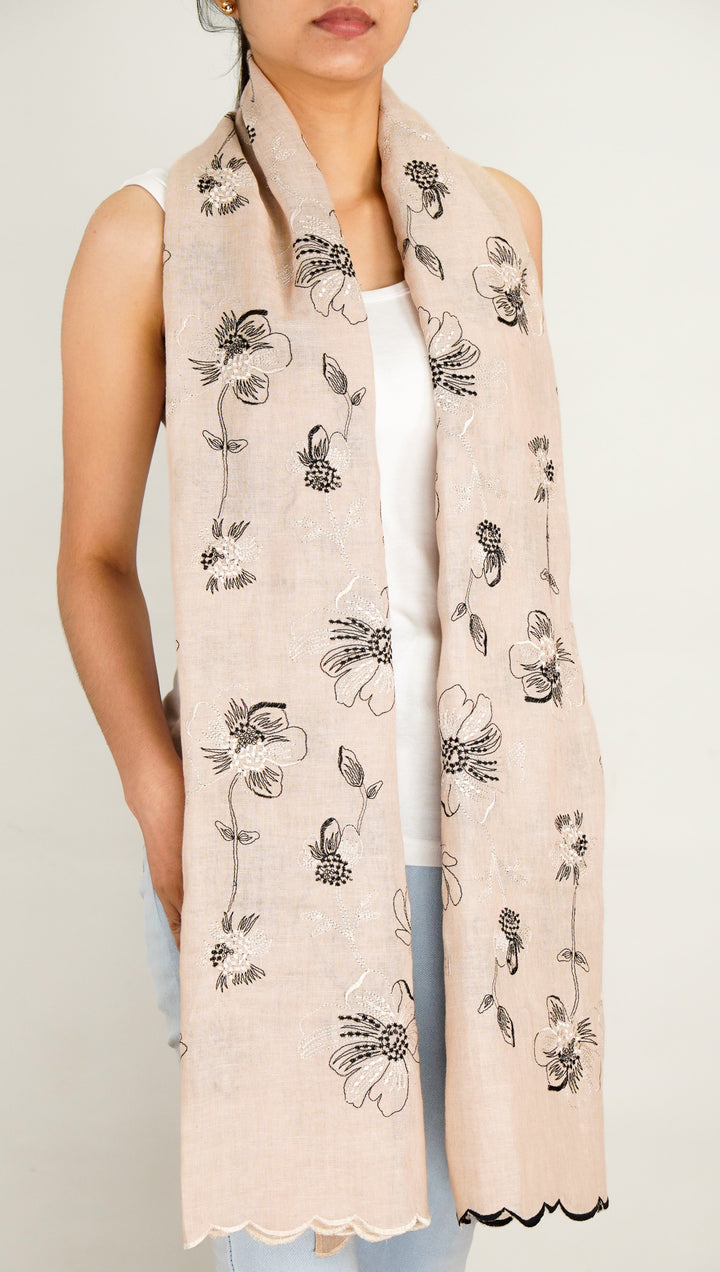 Zinha Embroidered Stole on Almond Gauged Linen