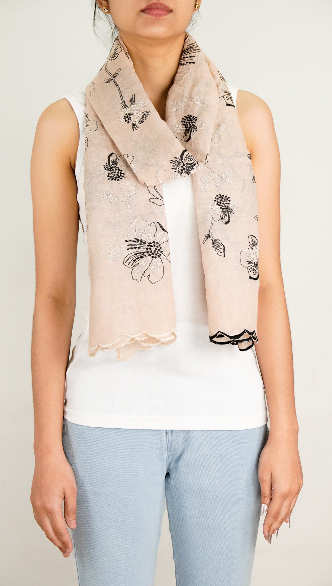 Zinha Embroidered Stole on Almond Gauged Linen