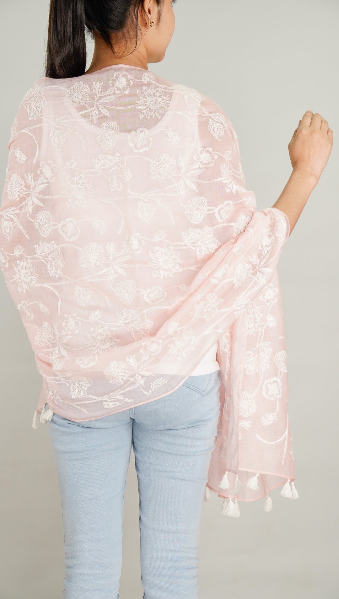 Sofia Embroidered Stole on Baby Pink Cotton Silk