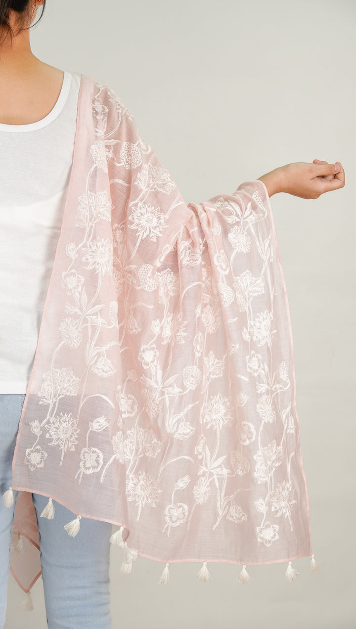 Sofia Embroidered Stole on Baby Pink Cotton Silk