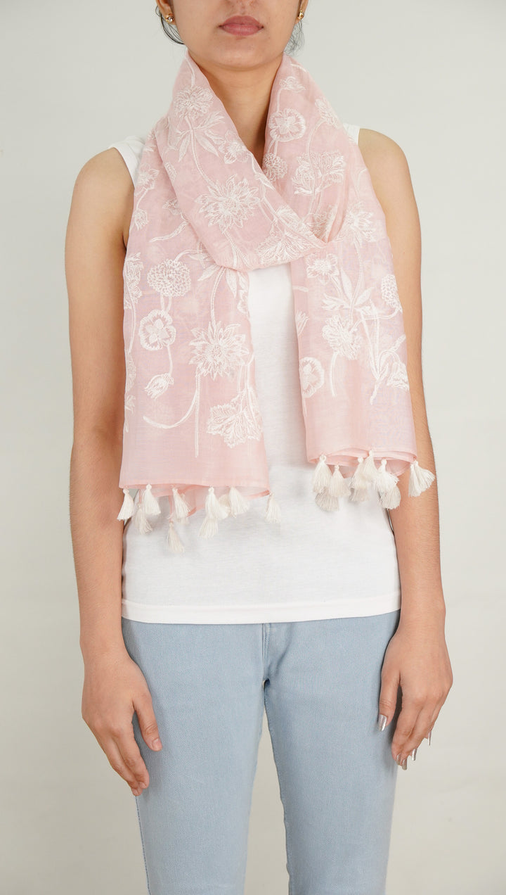 Sofia Embroidered Stole on Baby Pink Cotton Silk