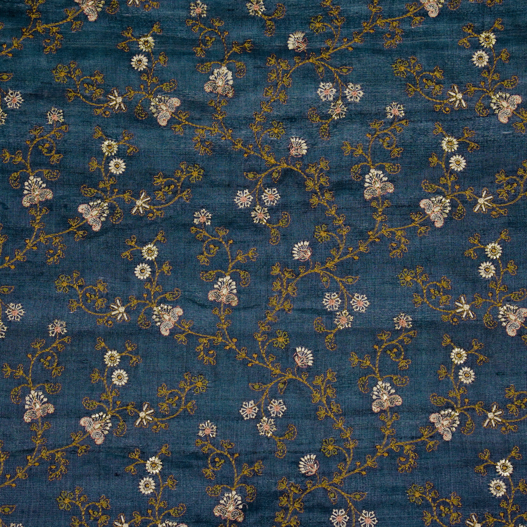Latika Jaal On Prussian Blue Tussar Silk Embroidered Fabric