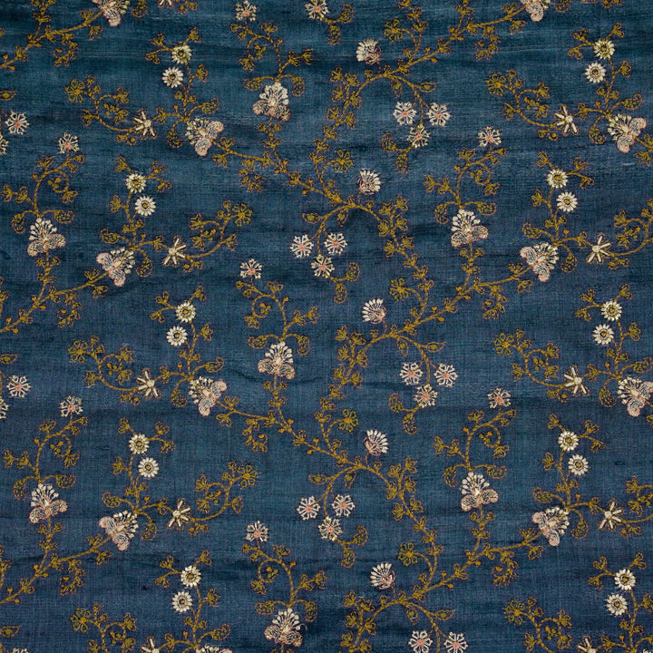 Latika Jaal On Prussian Blue Tussar Silk Embroidered Fabric