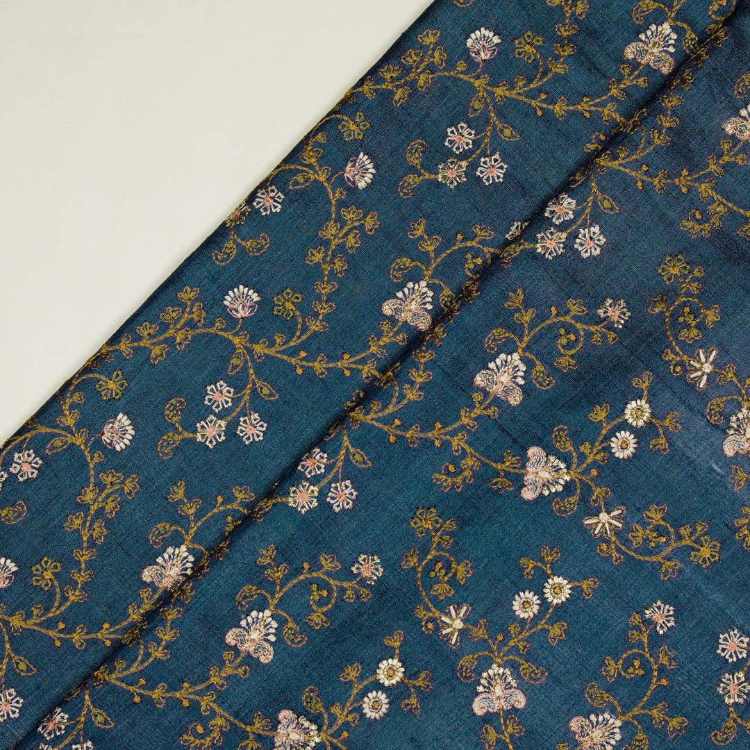 Latika Jaal On Prussian Blue Tussar Silk Embroidered Fabric