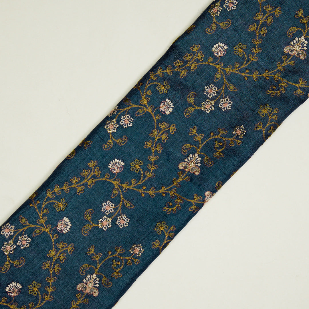 Latika Jaal On Prussian Blue Tussar Silk Embroidered Fabric