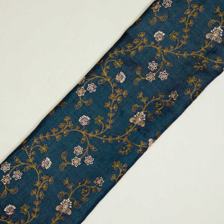 Latika Jaal On Prussian Blue Tussar Silk Embroidered Fabric