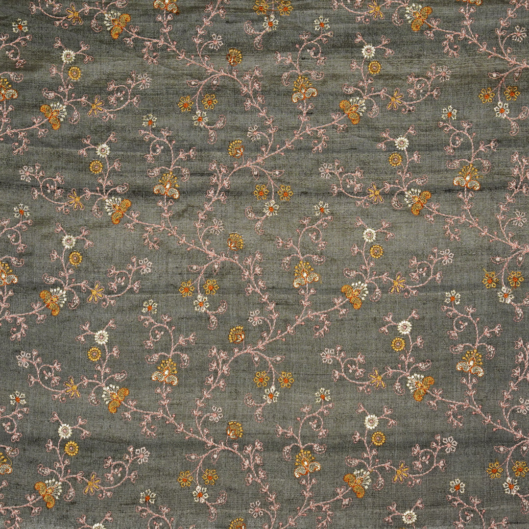 Latika Jaal On Charcoal Tussar Silk Embroidered Fabric