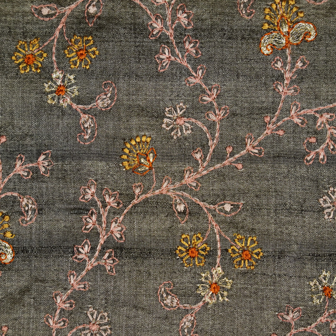 Latika Jaal On Charcoal Tussar Silk Embroidered Fabric