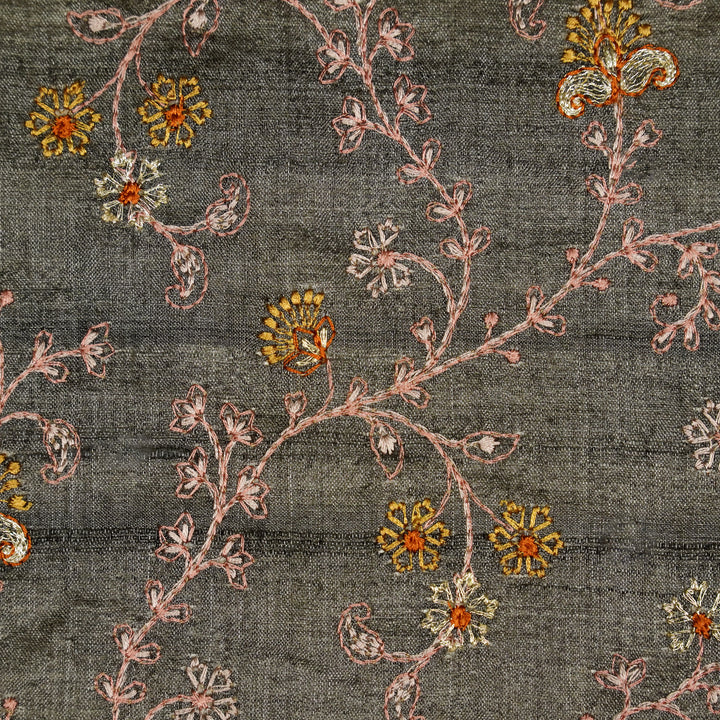 Latika Jaal On Charcoal Tussar Silk Embroidered Fabric