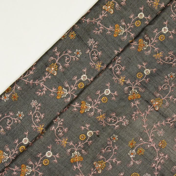 Latika Jaal On Charcoal Tussar Silk Embroidered Fabric