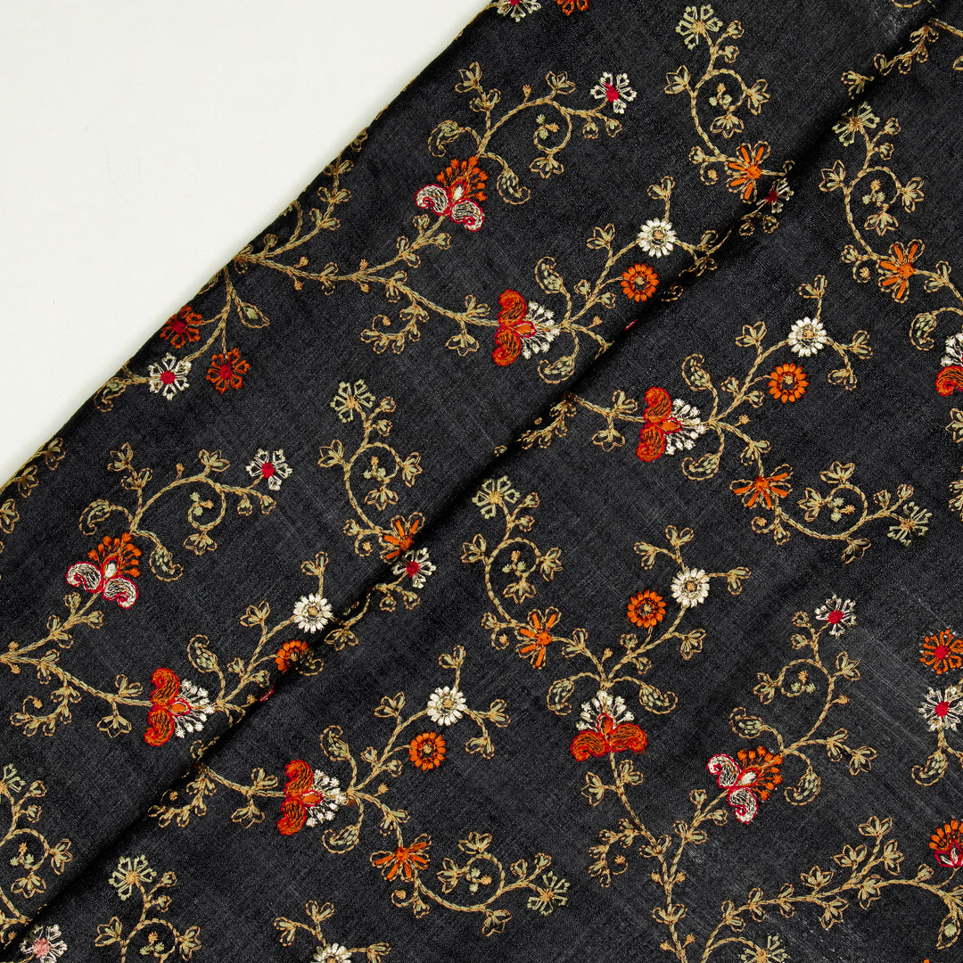 Latika Jaal On Black Tussar Silk Embroidered Fabric