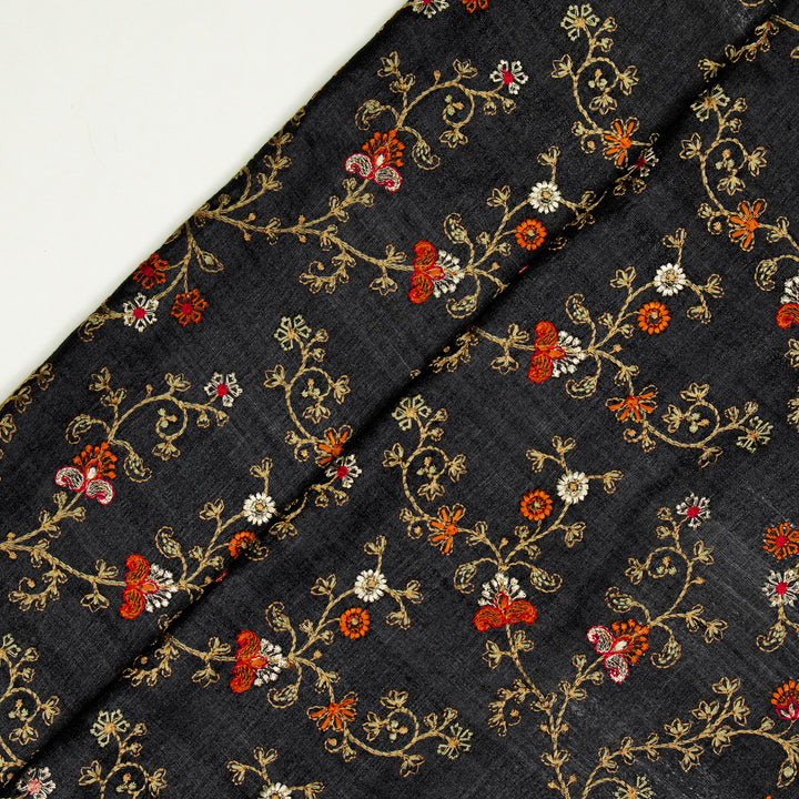 Latika Jaal On Black Tussar Silk Embroidered Fabric