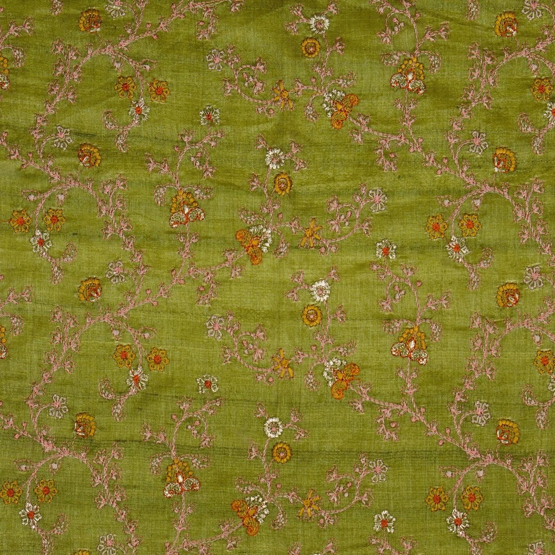 Latika Jaal On Olive Tussar Silk Embroidered Fabric