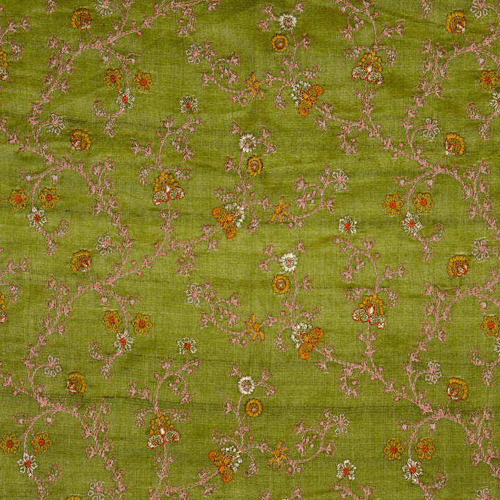 Latika Jaal On Olive Tussar Silk Embroidered Fabric