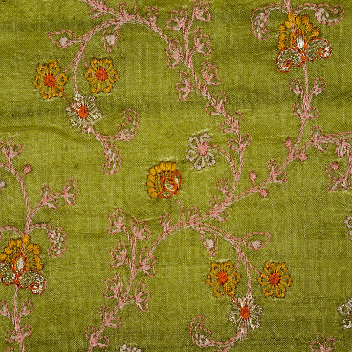 Latika Jaal On Olive Tussar Silk Embroidered Fabric