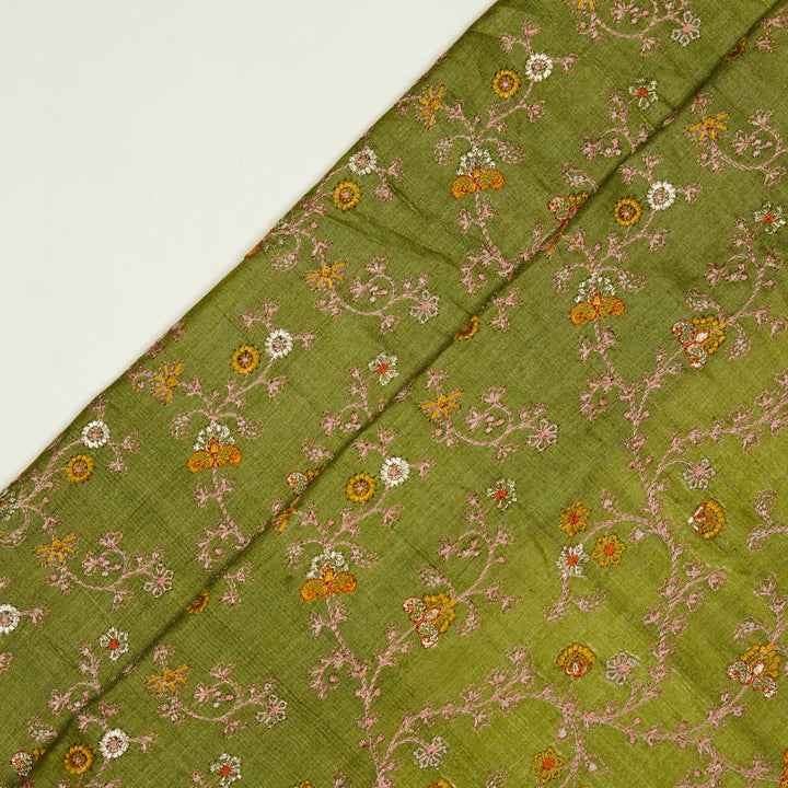 Latika Jaal On Olive Tussar Silk Embroidered Fabric