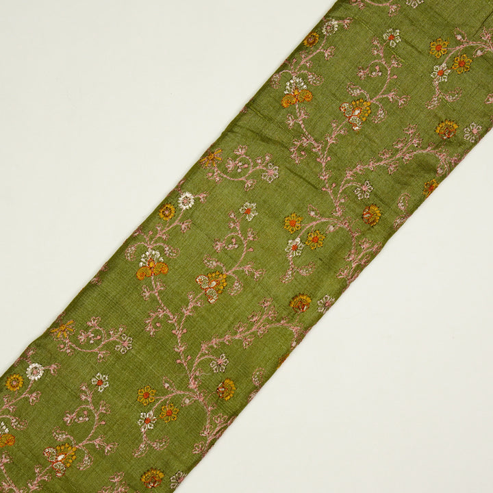 Latika Jaal On Olive Tussar Silk Embroidered Fabric