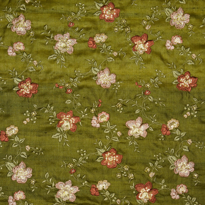 Rabab Jaal On Olive Tussar Silk Embroidered Fabric