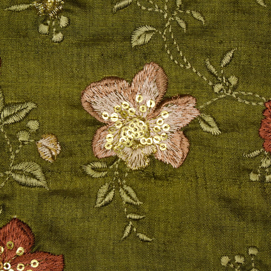 Rabab Jaal On Olive Tussar Silk Embroidered Fabric