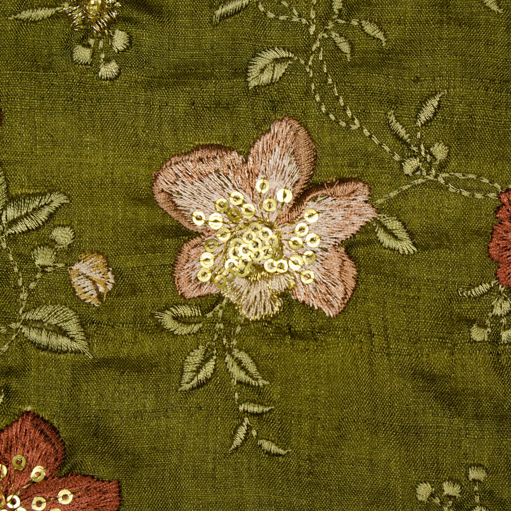 Rabab Jaal On Olive Tussar Silk Embroidered Fabric