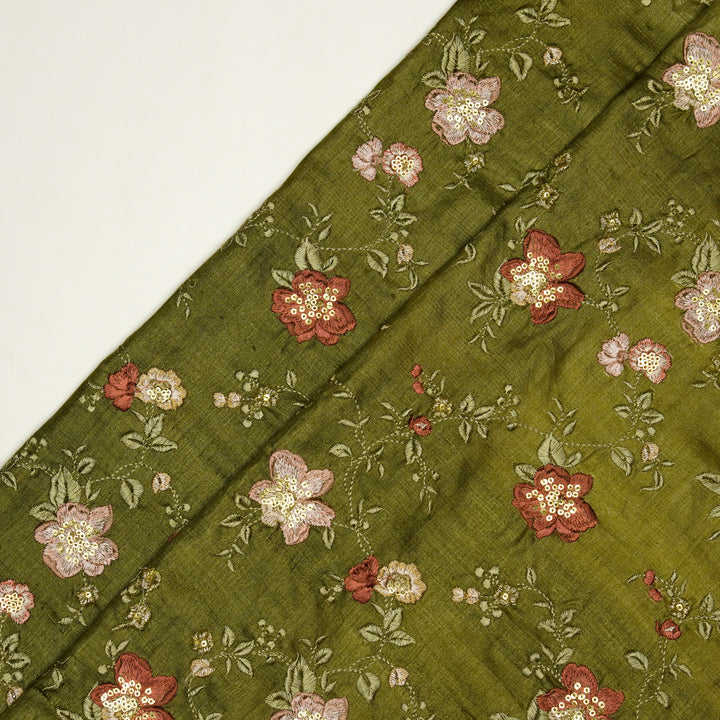 Rabab Jaal On Olive Tussar Silk Embroidered Fabric