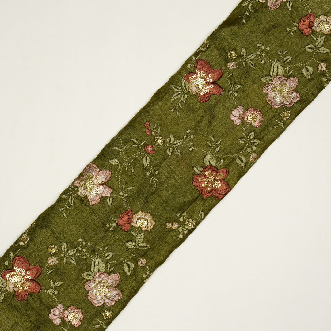 Rabab Jaal On Olive Tussar Silk Embroidered Fabric