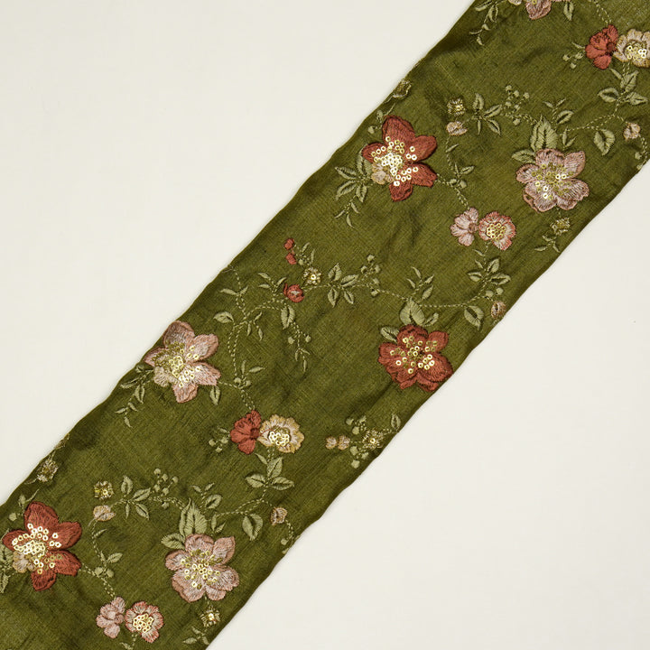 Rabab Jaal On Olive Tussar Silk Embroidered Fabric