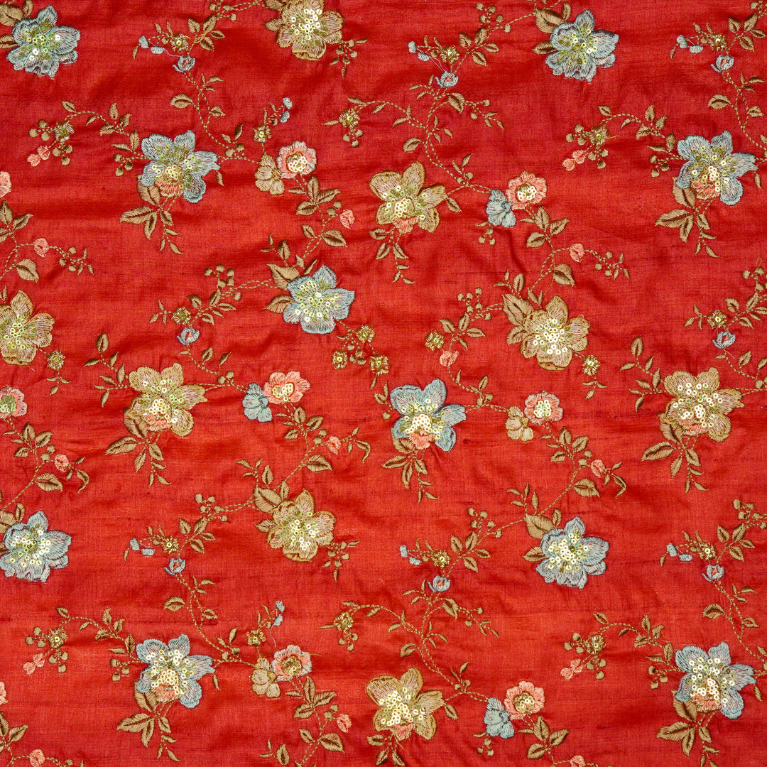 Rabab Jaal On Crimson Red  Tussar Silk Embroidered Fabric