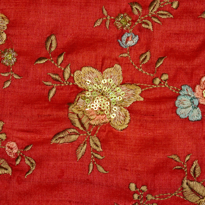 Rabab Jaal On Crimson Red  Tussar Silk Embroidered Fabric