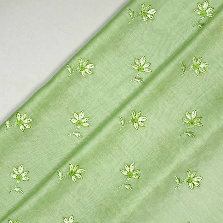 Pista Green Silk Chanderi Shirin Buti Embroidered Fabric