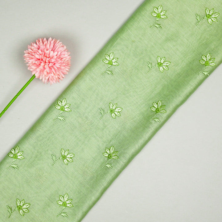 Pista Green Silk Chanderi Shirin Buti Embroidered Fabric