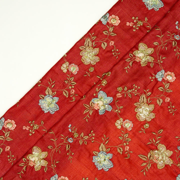 Rabab Jaal On Crimson Red  Tussar Silk Embroidered Fabric