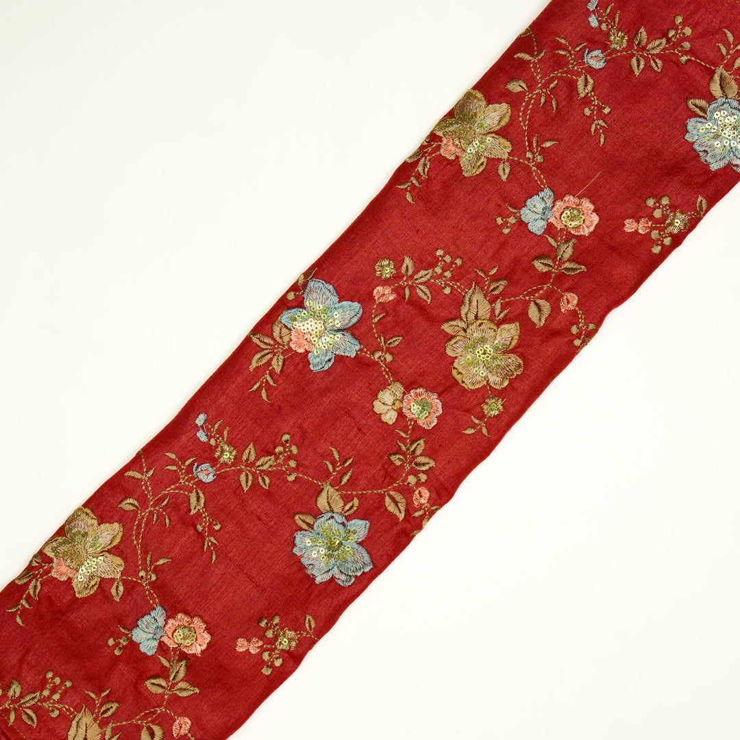 Rabab Jaal On Crimson Red  Tussar Silk Embroidered Fabric