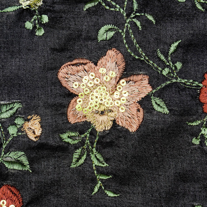 Rabab Jaal On Black Tussar Silk Embroidered Fabric