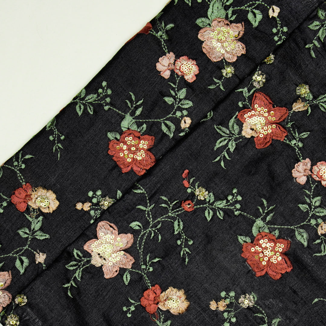 Rabab Jaal On Black Tussar Silk Embroidered Fabric