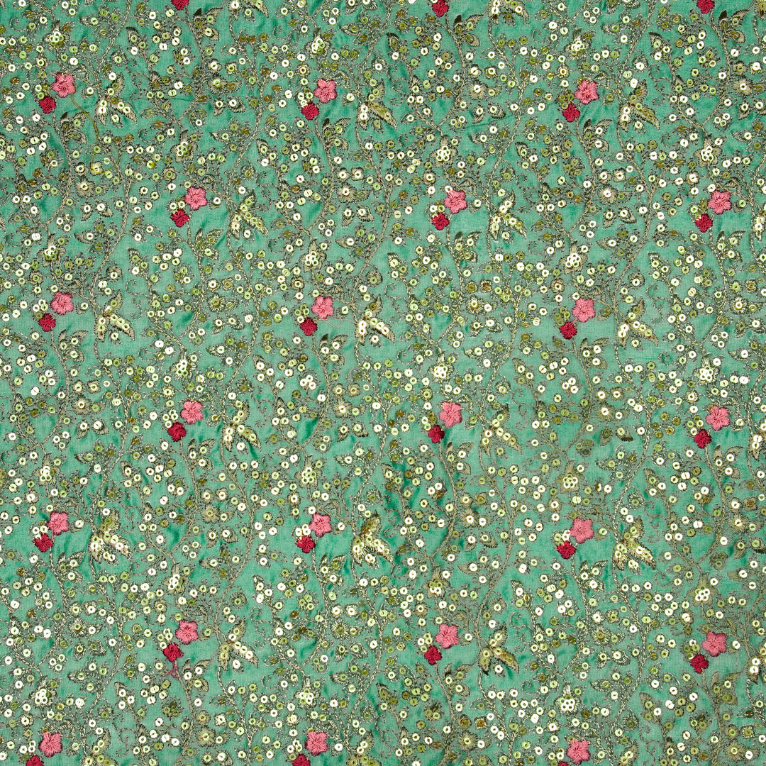 Mehraj Jaal on Teal Silk Chanderi Embroidered Fabric
