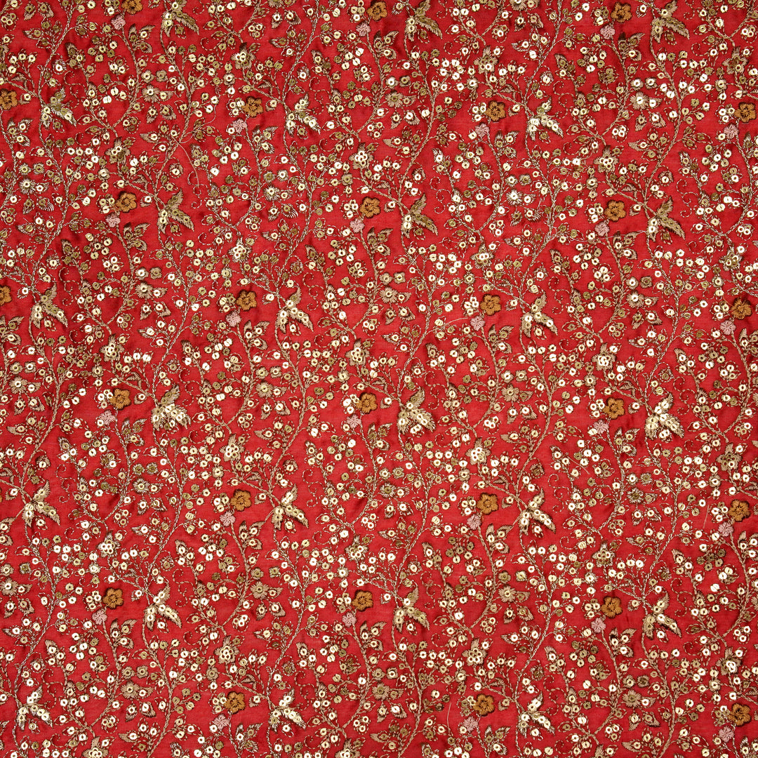 Mehraj Jaal on Crimson Red Silk Chanderi Embroidered Fabric