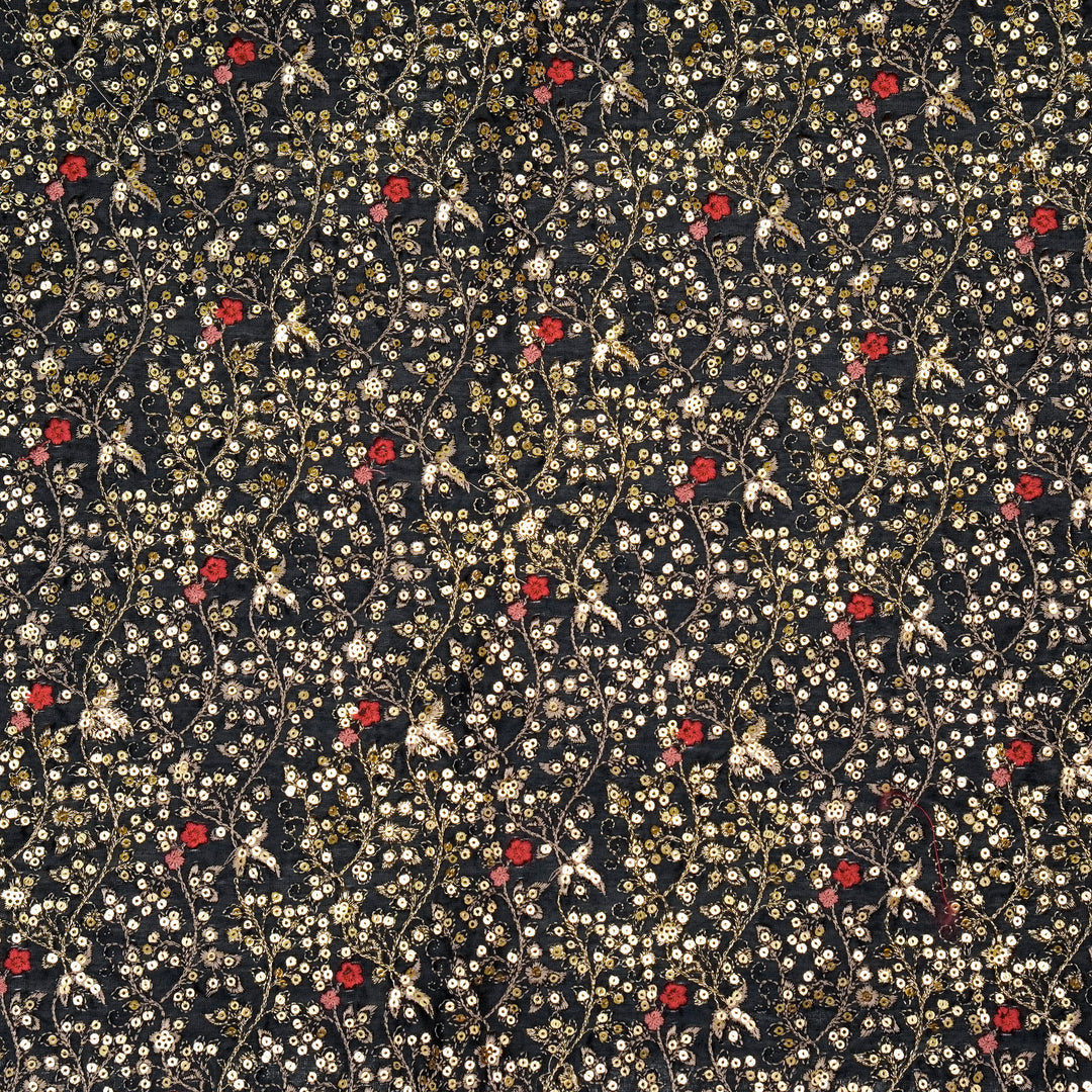 Mehraj Jaal on Charcoal Silk Chanderi Embroidered Fabric