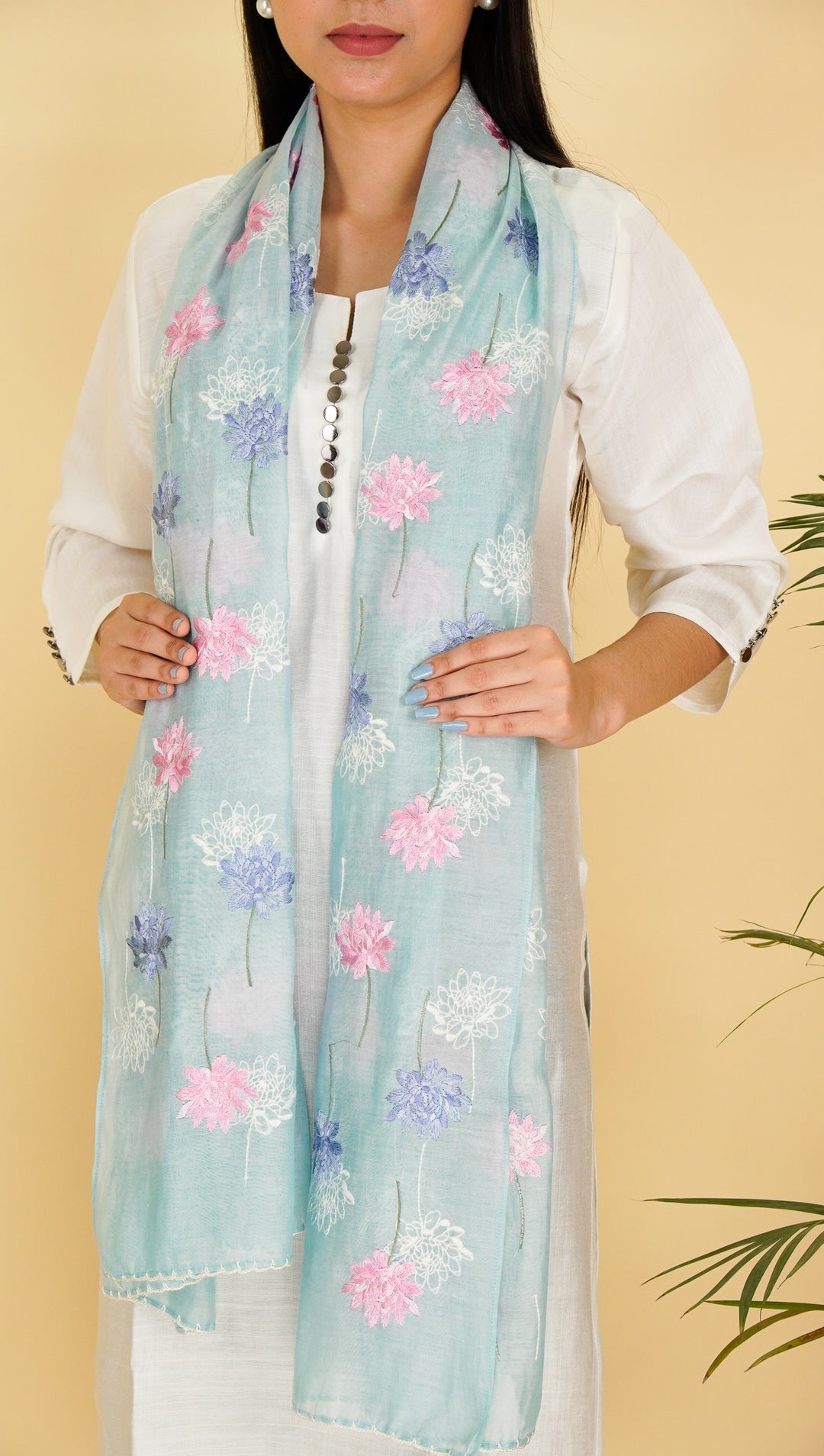 Sarah Embroidered Stole on Sky Blue Cotton Silk