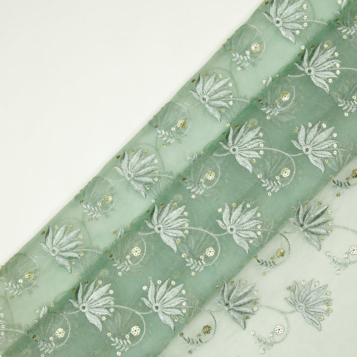 Kaaya Jaal on Sea Green Silk Organza Embroidered Fabric