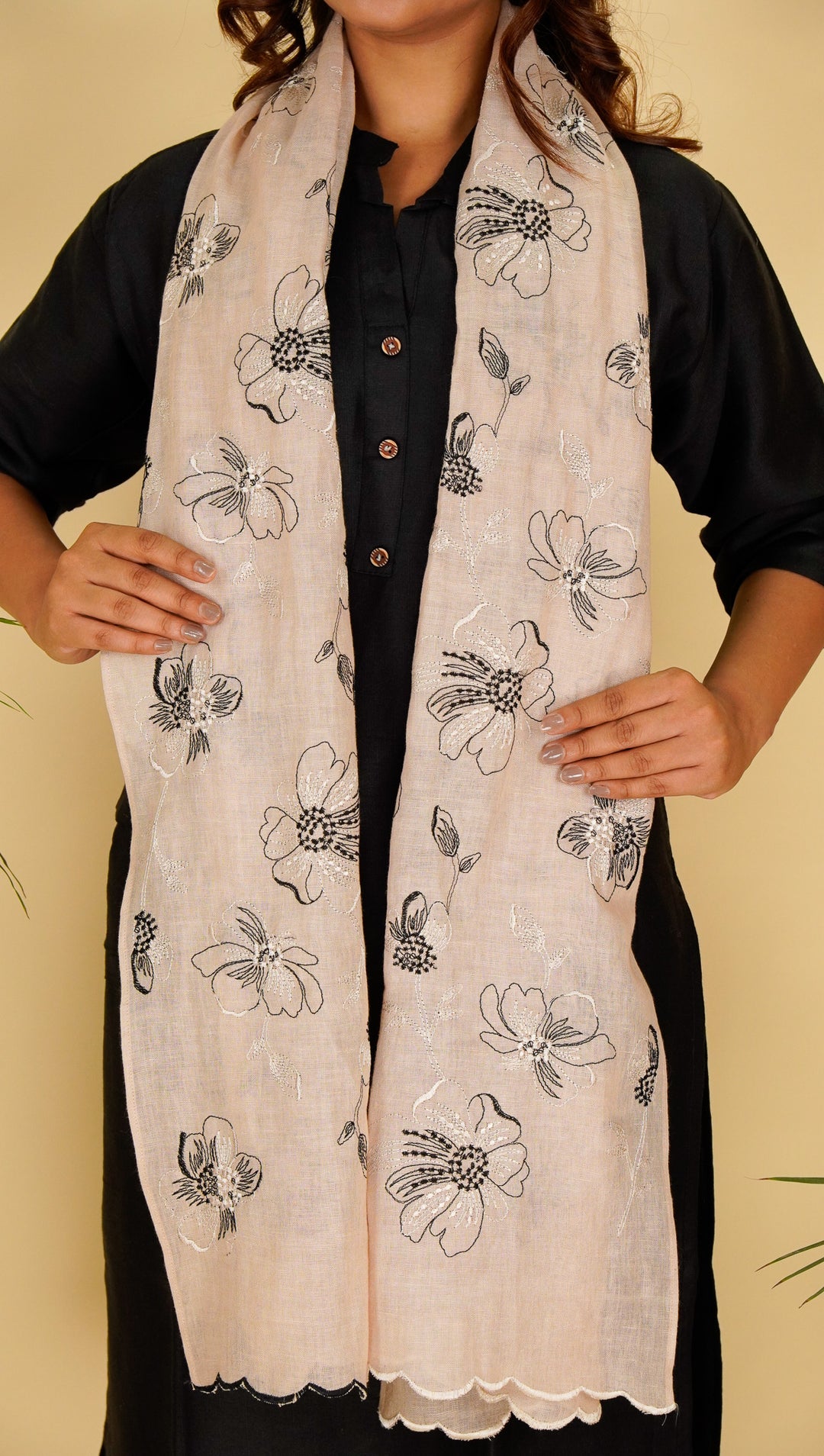 Zinha Embroidered Stole on Almond Gauged Linen