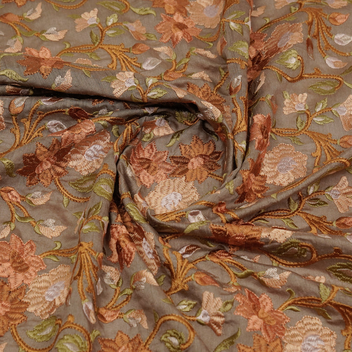 Afreen Heavy floral Jaal on Light Olive Munga Silk