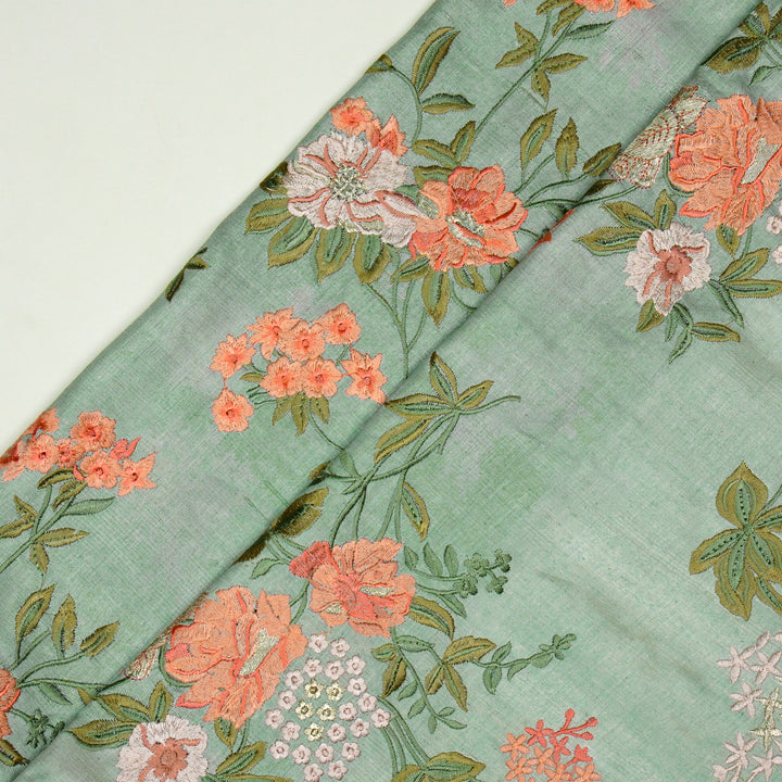 Sharvani Jaal On Light Teal Tussar Silk Embroidered Fabric